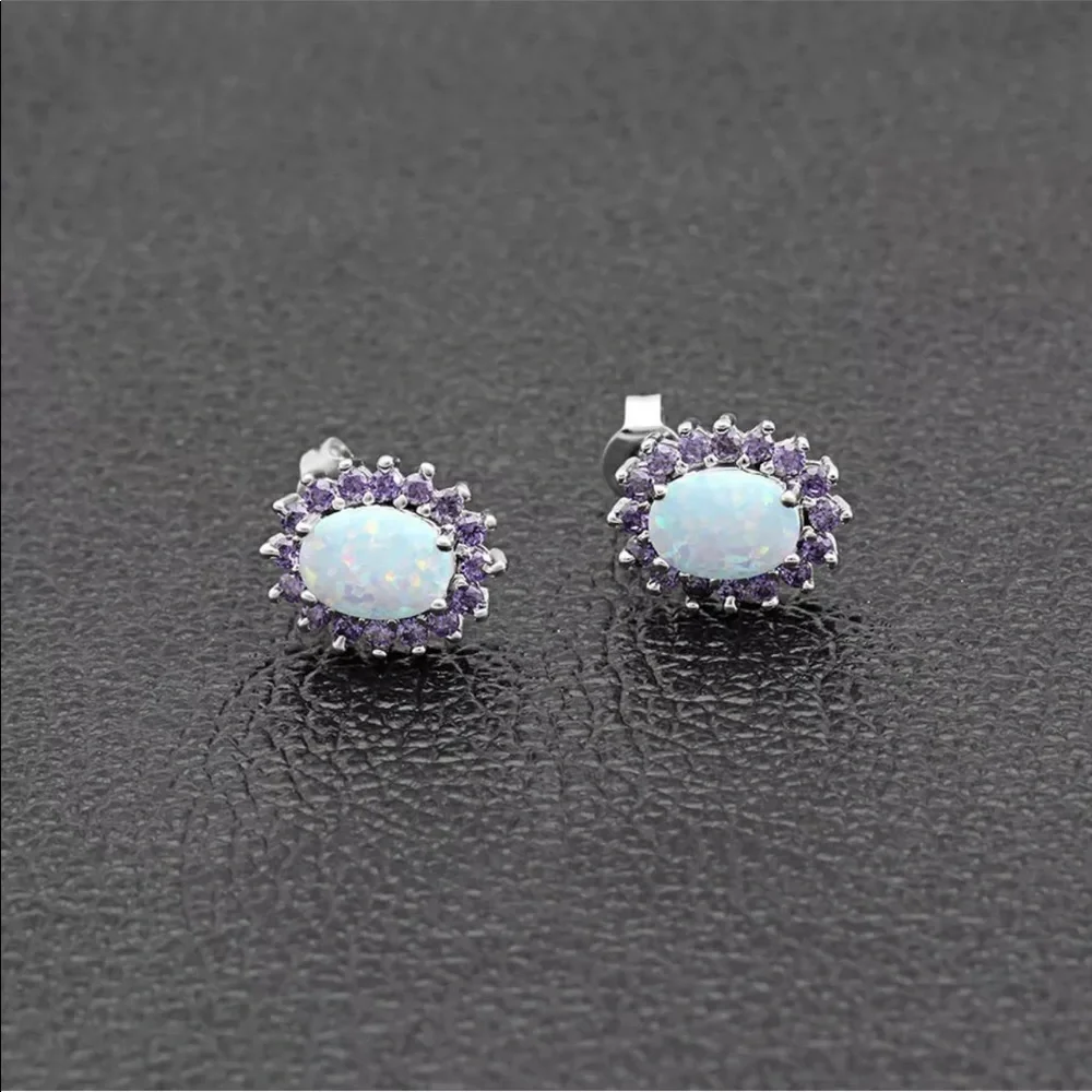 New Opal Oval Amethyst Stud Earrings - Picture 3 of 7